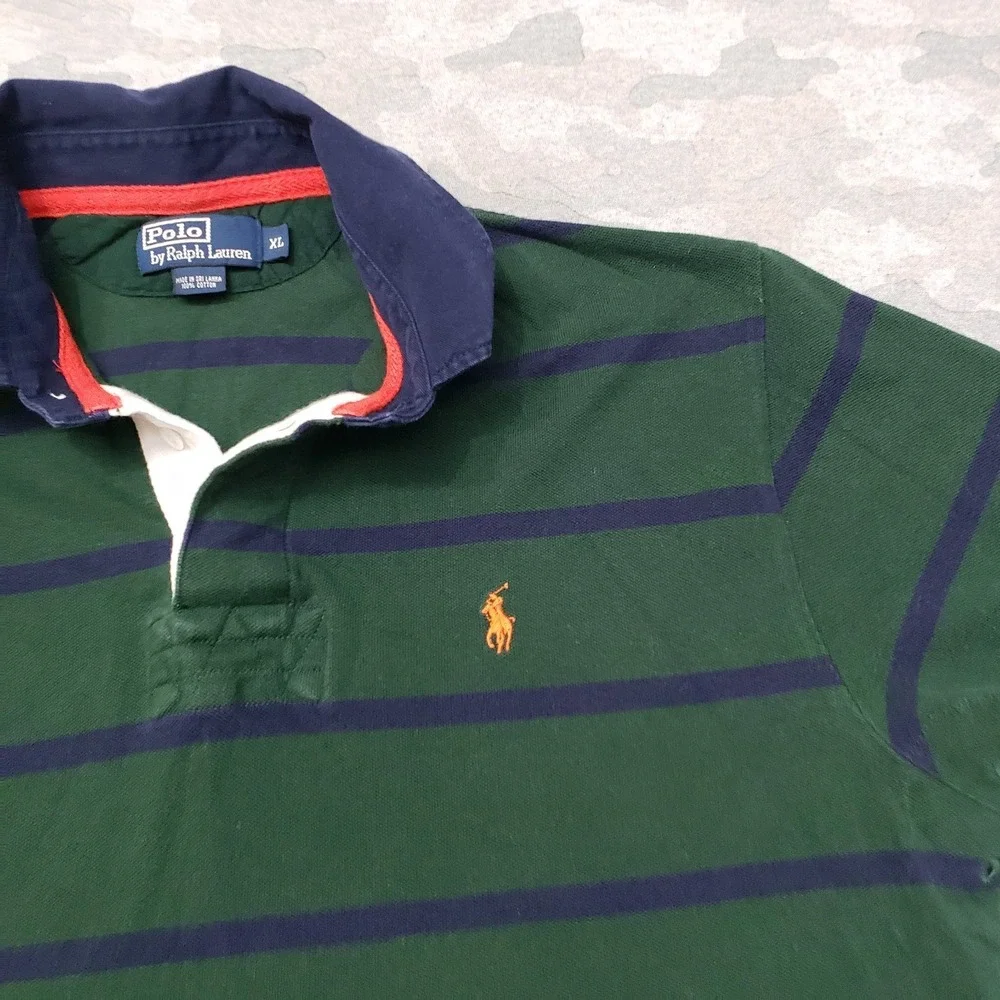 Polo Ralph Lauren Polo Shirt Mens XL‎ Green Short Sleeve Striped Preppy Academia